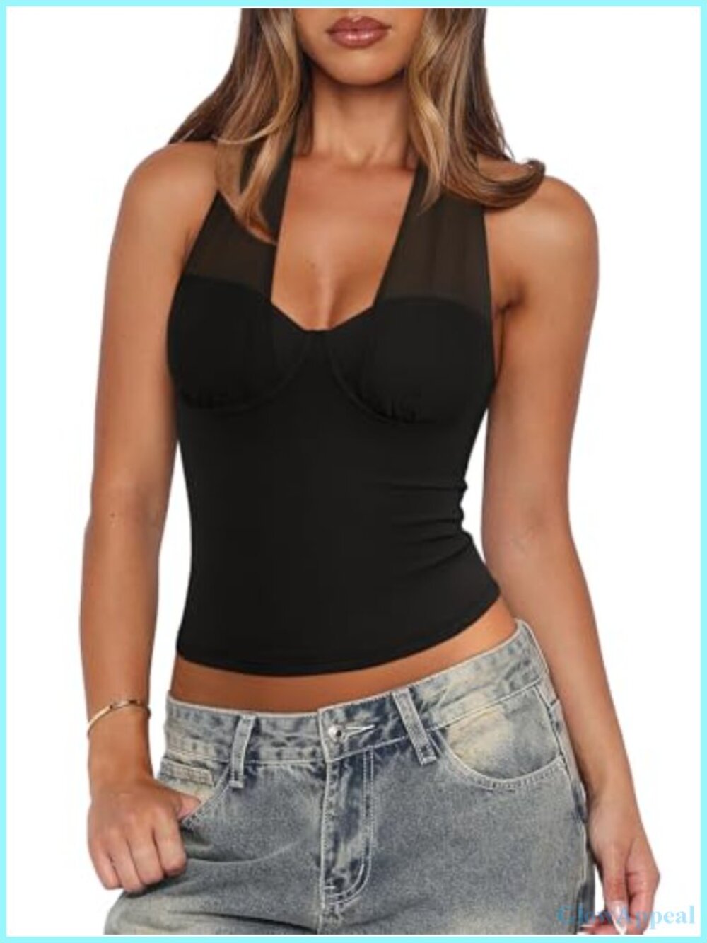 REORIA Womens Mesh Halter Double Lined Deep V Neck Backless Cami Party Top